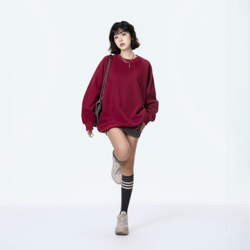 街头潮牌纯色插肩袖卫衣女春秋2026新款长袖宽松圆领套头无帽上衣 - 图0