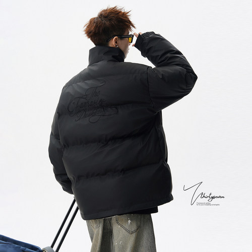 V37美式潮牌刺绣设计感立领棉服男冬季宽松复古加厚PU皮棉衣外套 - 图2