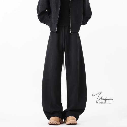 V37美式重磅潮流休闲斜切弯刀卫裤男春cleanfit复古宽松运动长裤 - 图1