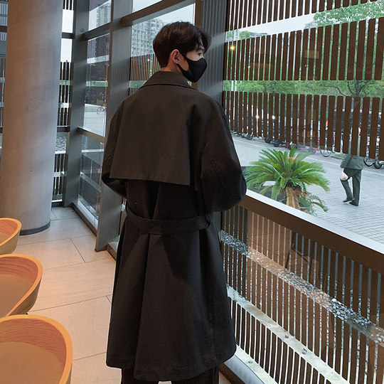 Korean mid-length khaki windbreaker jacket for men