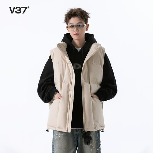 V37美式基础款黑色坎肩棉服马甲男款冬季青少年宽松无袖棉衣外套 - 图3