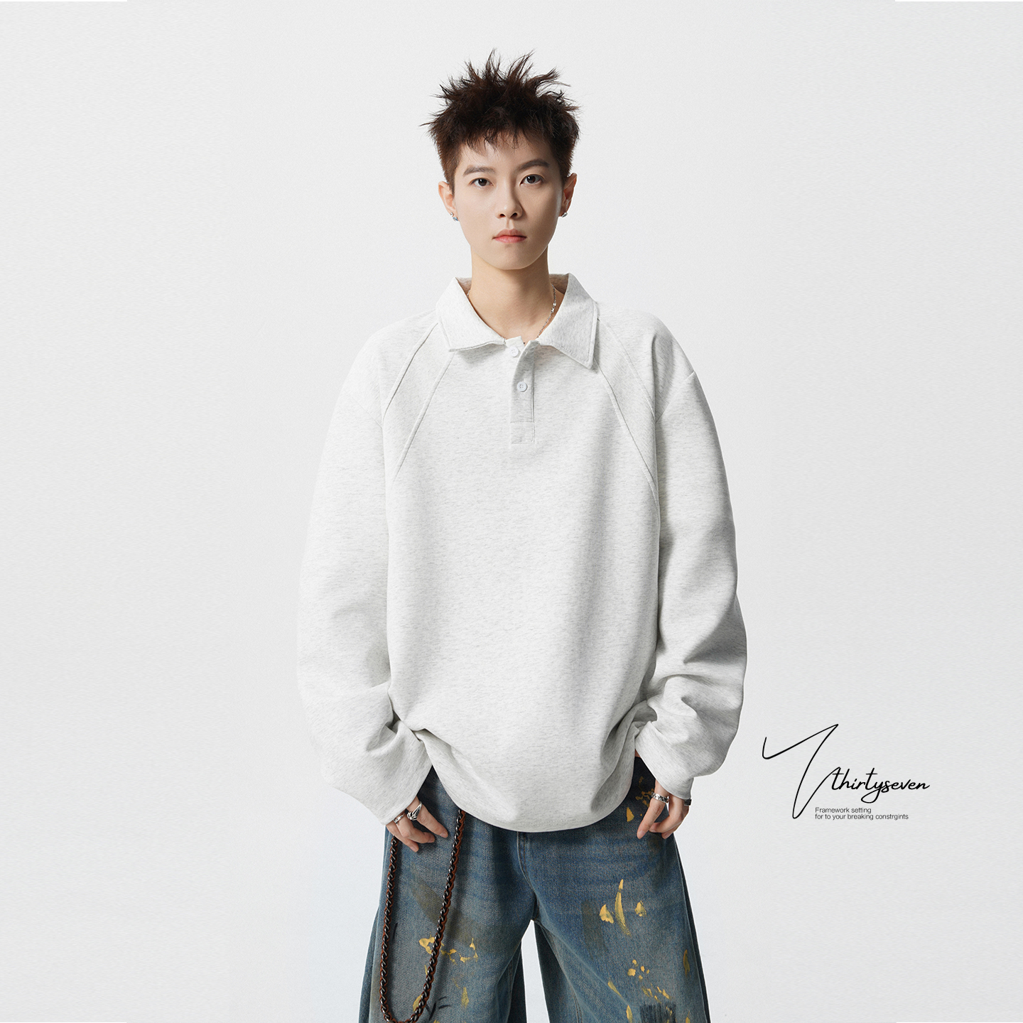 V37美式复古拼接翻领卫衣男秋潮牌解构Polo领长袖重磅休闲打底衫 - 图1