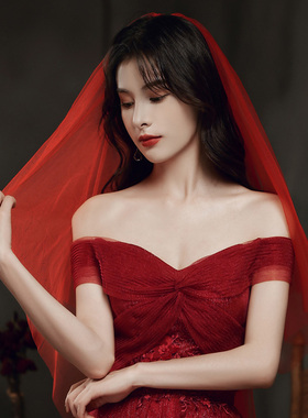 婚纱头纱红色新娘短款结婚领证