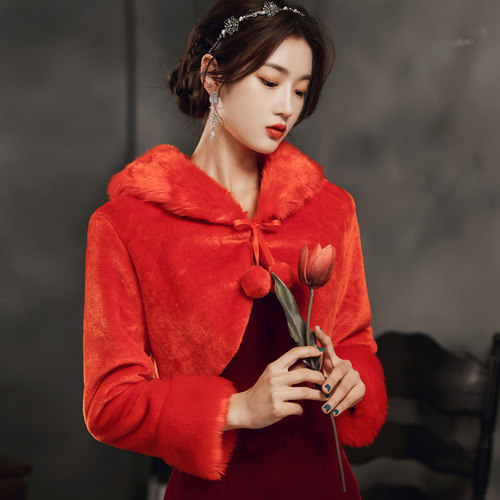 婚纱披肩冬新娘结婚礼白色伴娘服晚礼服春秋季外套长袖外披斗篷毛 - 图2