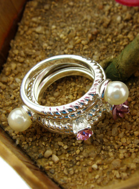 欧美风饰品珍珠银色组合戒指