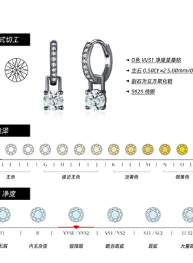 摩典S925纯银莫桑钻黑枪色耳环女