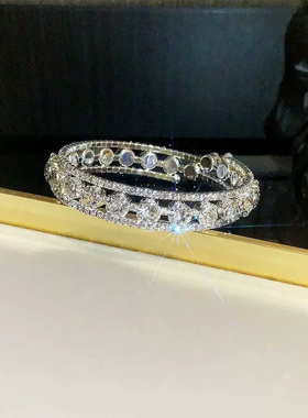 满钻爆闪三层手镯新娘百搭水钻缠绕开口手镯水晶手链高级感多层