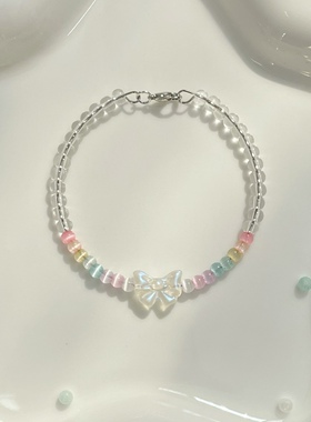 彩虹色串珠手链猫眼米珠设计可爱少女原创手环记忆钢丝