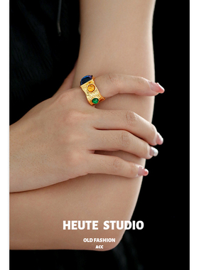 小众设计宫廷复古彩色琉璃戒指