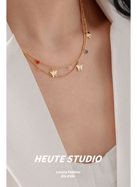 超闪复古彩色幸运蝴蝶双层项链