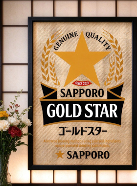 日式居酒屋烧肉日本料理店三宝乐金星啤酒海报藤编竹席木框装饰画