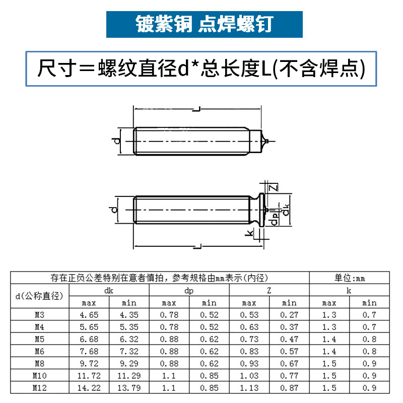 镀铜点焊螺丝/焊接螺丝/植焊钉/焊接螺柱/点焊柱M3M4M5M6M8M10 5L - 图1