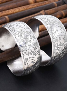 宽细边开口复古几何雕花中式镯子