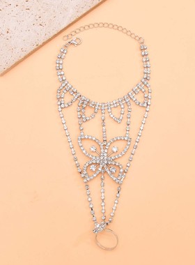 新款手背满钻蝴蝶戒指手链套装女