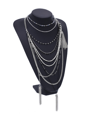 欧美夸张多层叠戴长款流苏项链女