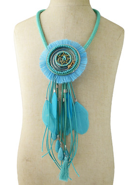 波西米亚风捕梦网羽毛流苏项链女