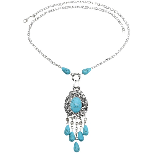 Модный длинный бирюзовый металлический аксессуар, резная цепь с кисточками, ожерелье, стиль бохо