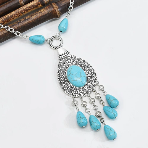 Модный длинный бирюзовый металлический аксессуар, резная цепь с кисточками, ожерелье, стиль бохо