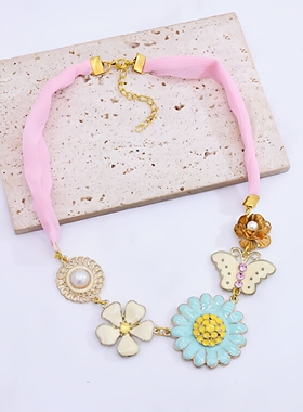 粉色丝带雏菊花朵蝴蝶吊坠项链女