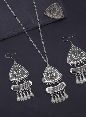 民族风古银多层三角流苏首饰套装