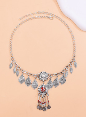 波西米亚复古仿松石流苏项链女