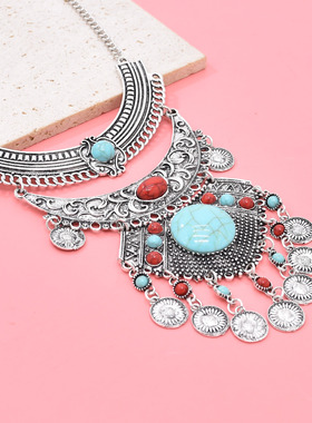 民族风异域夸张气质项链流苏松石