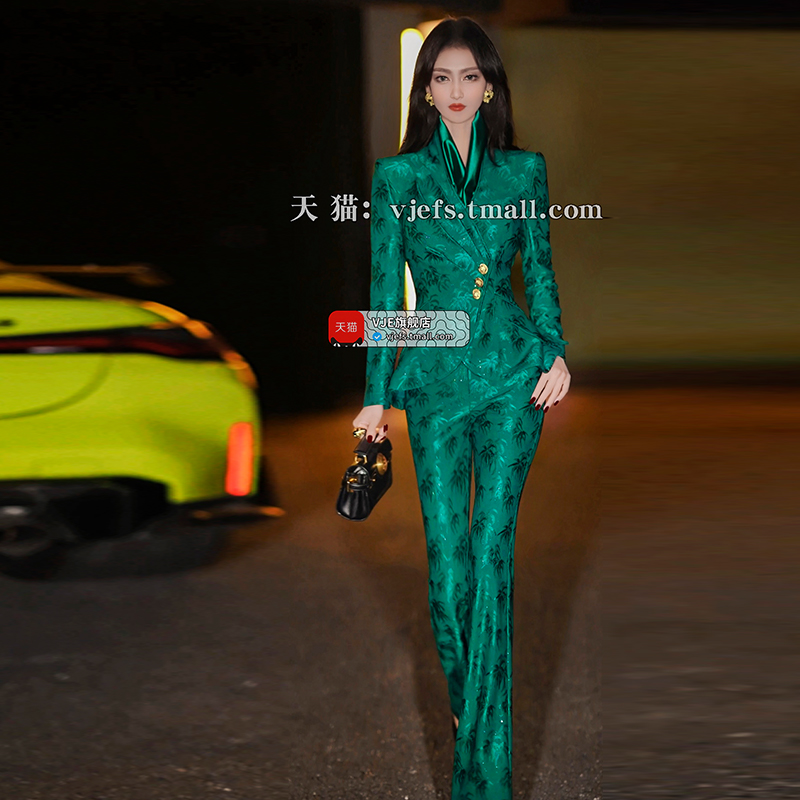 VJE春装名媛风气质减龄提花套装女新款小西服微喇叭裤两件套 - 图0