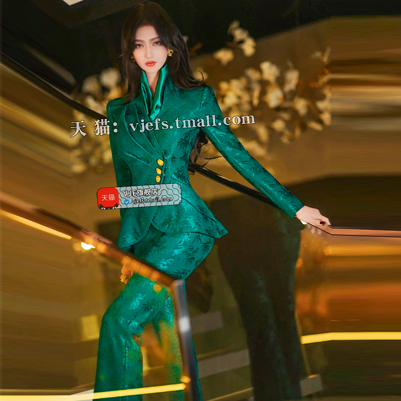 VJE春装名媛风气质减龄提花套装女新款小西服微喇叭裤两件套 - 图1