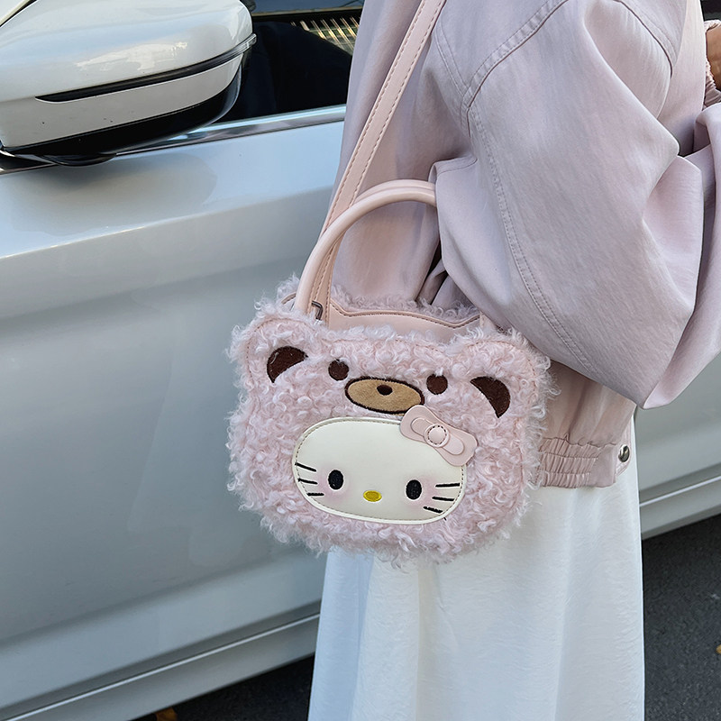 可爱HelloKitty毛绒波士顿包包女韩少女风单肩斜挎包小众手提包,淘宝优惠券,粉丝福利购,淘宝优惠卷