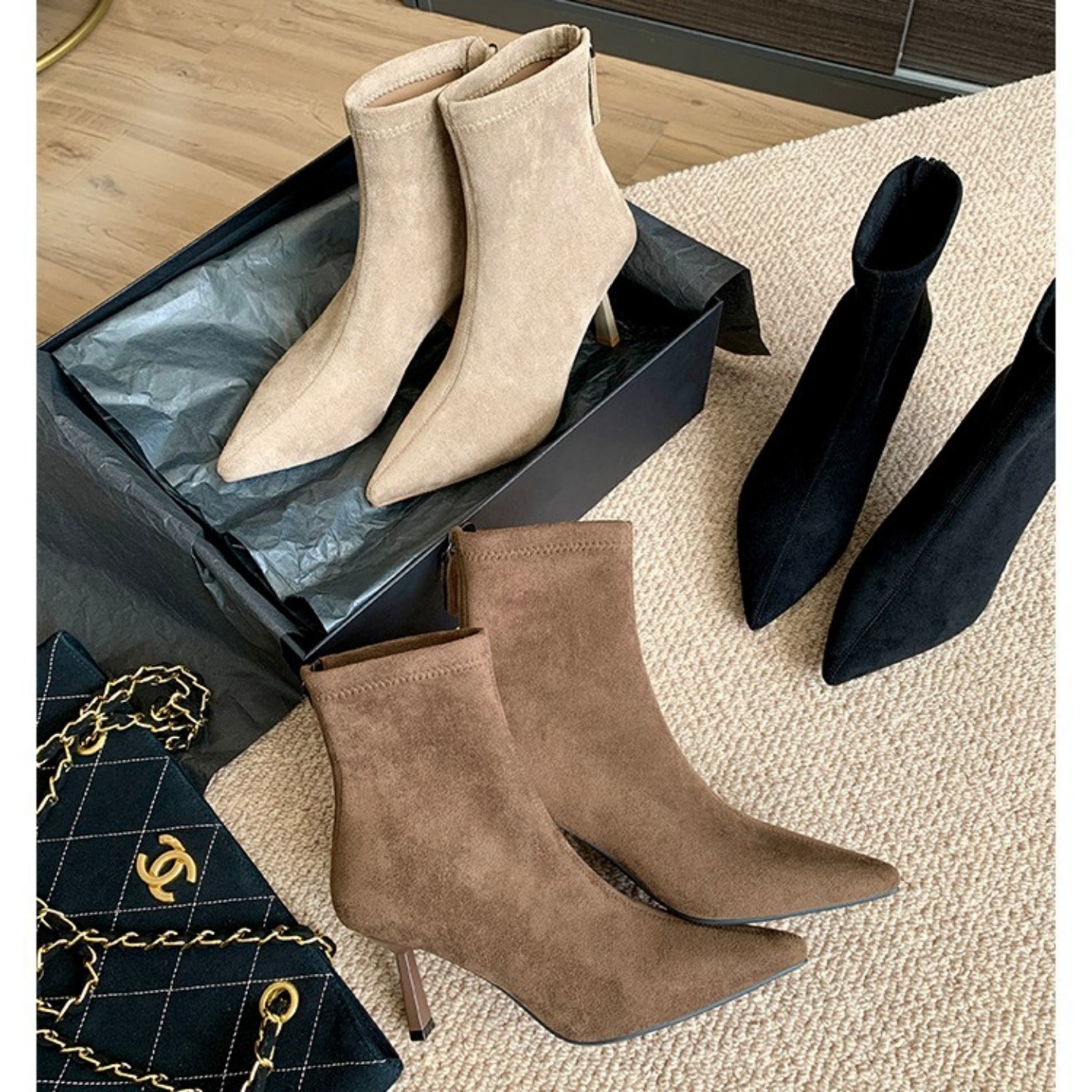 7cm黑色简约短靴辣妹踝靴细跟尖头瘦瘦靴2025春秋百搭高跟女靴子 - 图0