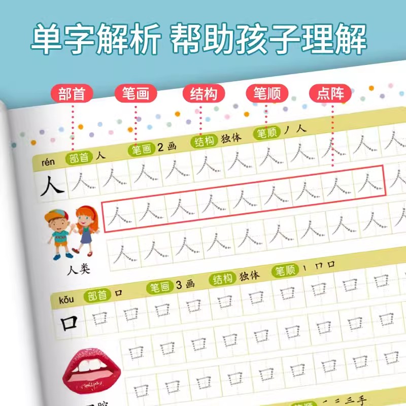 幼儿学前1200字点阵控笔训练教材汉字描红本幼小衔接练字帖幼儿园学前班练字本中大班一年级认字练字写字入门初学者笔画笔顺写字本 - 图1