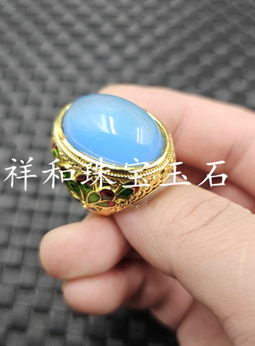冰种白猫眼石蛋面戒指天湖蓝椭