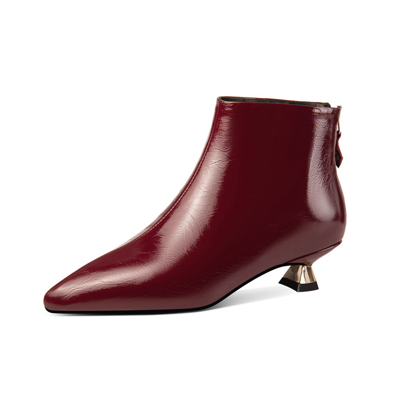 2025秋冬新款真皮尖头低跟短靴酒红色中跟及踝靴女靴小跟加绒靴子,淘宝优惠券,粉丝福利购,淘宝优惠卷