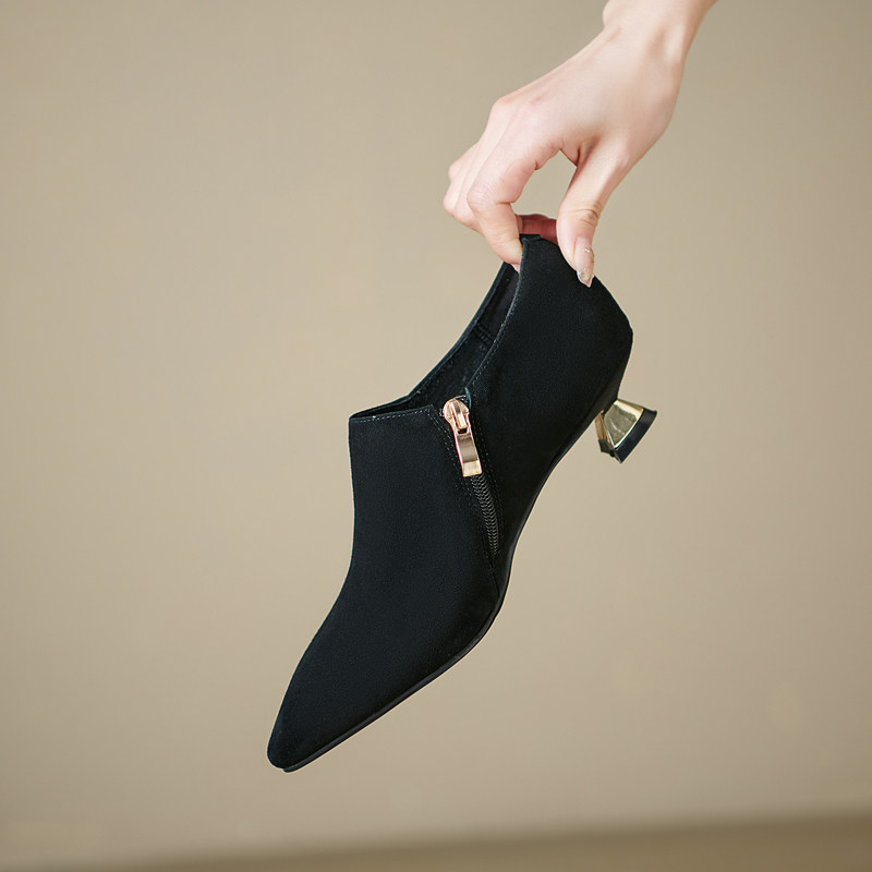 2025年春秋季新款真皮尖头低跟单鞋黑色猫跟深口鞋羊皮中跟女鞋子,淘宝优惠券,粉丝福利购,淘宝优惠卷