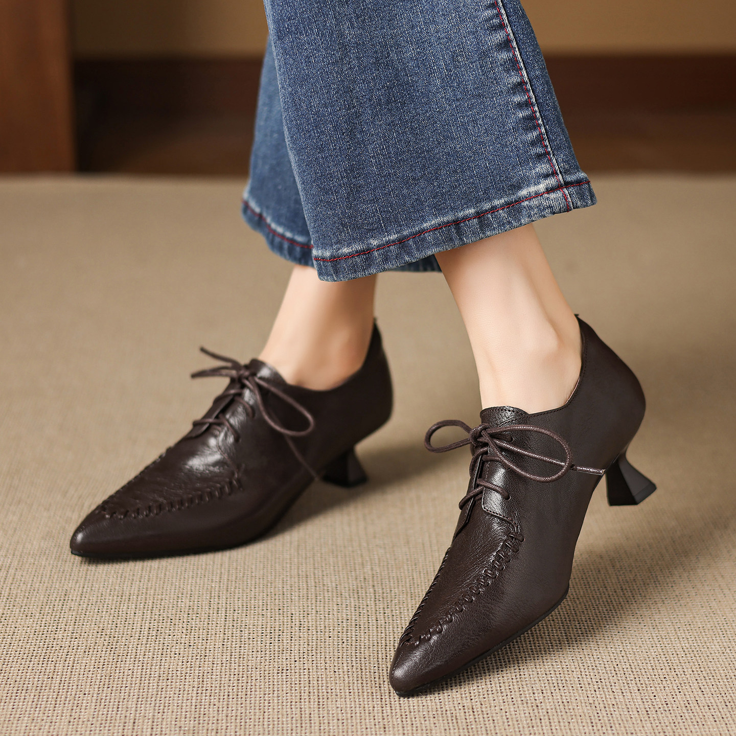 春秋季新款真皮英伦风尖头系带深口单鞋女细跟百搭通勤小皮鞋女鞋,淘宝优惠券,粉丝福利购,淘宝优惠卷