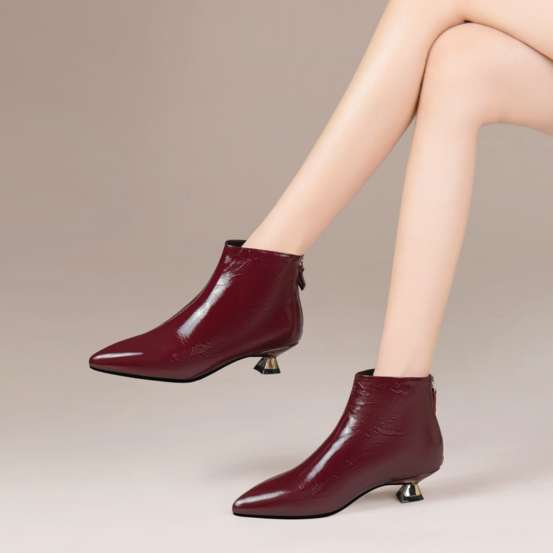 2025秋冬新款真皮尖头低跟短靴酒红色中跟及踝靴女靴小跟加绒靴子,淘宝优惠券,粉丝福利购,淘宝优惠卷