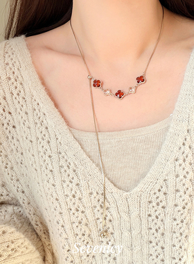 新品【枫糖四叶花】浪漫轻奢项链小众抽拉设计毛衣链长款