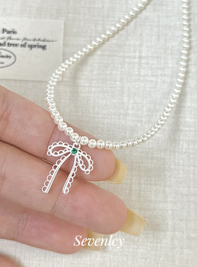 七与 蕾丝少女 甜美芭蕾风项链绿锆蝴蝶结法式温柔珍珠锁骨链女