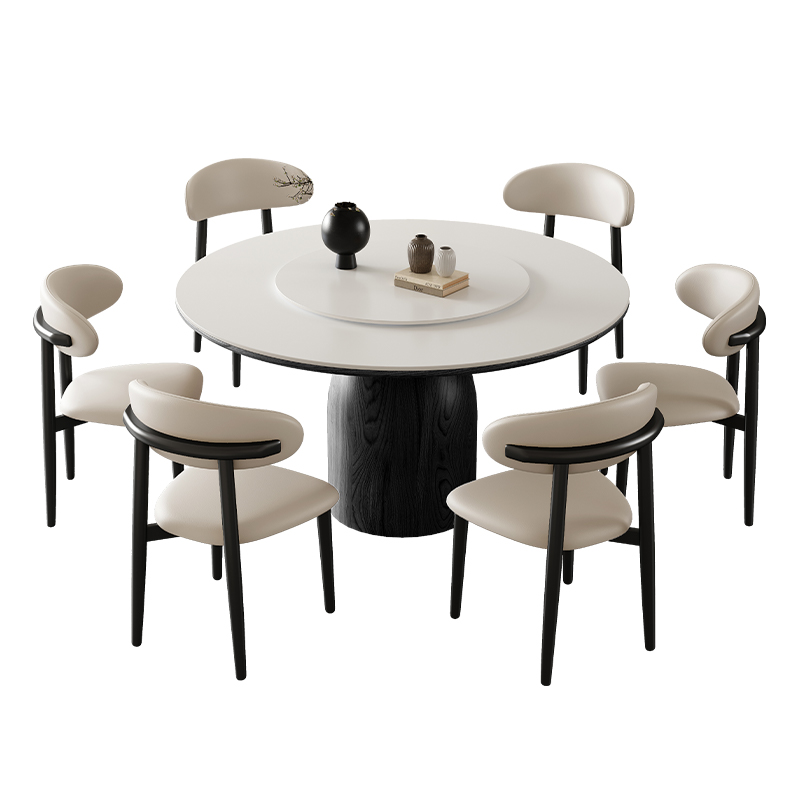 法式复古风圆形岩板餐桌椅组合实木简约现代黑色家用意式圆饭桌子 - 图3
