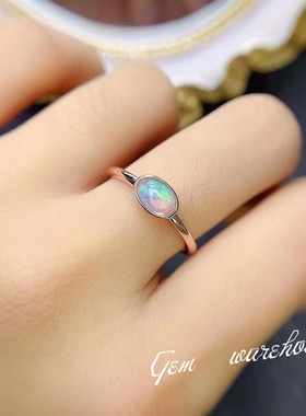 天然欧泊戒指s925银活口镶嵌女简约轻奢时尚饰品送朋友同事礼物