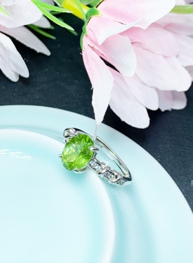 天然橄榄石戒指925银镶嵌女开口轻奢时尚饰品送女友礼物指环