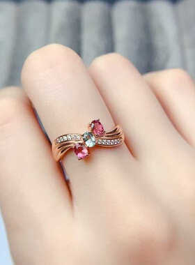 新款天然糖果色碧玺戒指925银镶嵌女时尚轻奢饰品送女友新年礼物