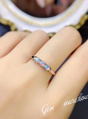 天然变彩欧泊戒指s925银精工镶嵌女简约轻奢小众指环韩款生日礼物