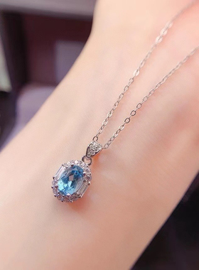 新款上新天然瑞士蓝托帕石吊坠925银镶嵌女海蓝宝色项链简约时尚