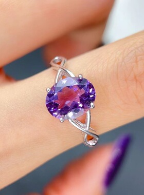 新款天然紫水晶戒指925银镶嵌女开口时尚轻奢饰品送女友新年礼物