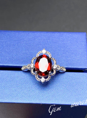 天然石榴石戒指银复古女生日礼物