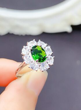 925银镶嵌天然透辉戒指绿色宝石女开口豪华时尚轻奢饰品