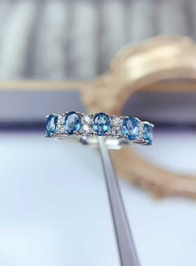 新款天然伦敦蓝托帕石戒指925银镶嵌女简约时尚饰品礼物送女友