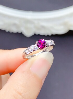 天然紫牙乌石榴石戒指925银镶嵌女款轻奢小众高级感开口指环