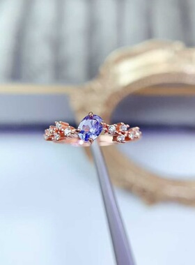 新款天然坦桑石戒指925银镶嵌女开口简约时尚饰品礼物送女友